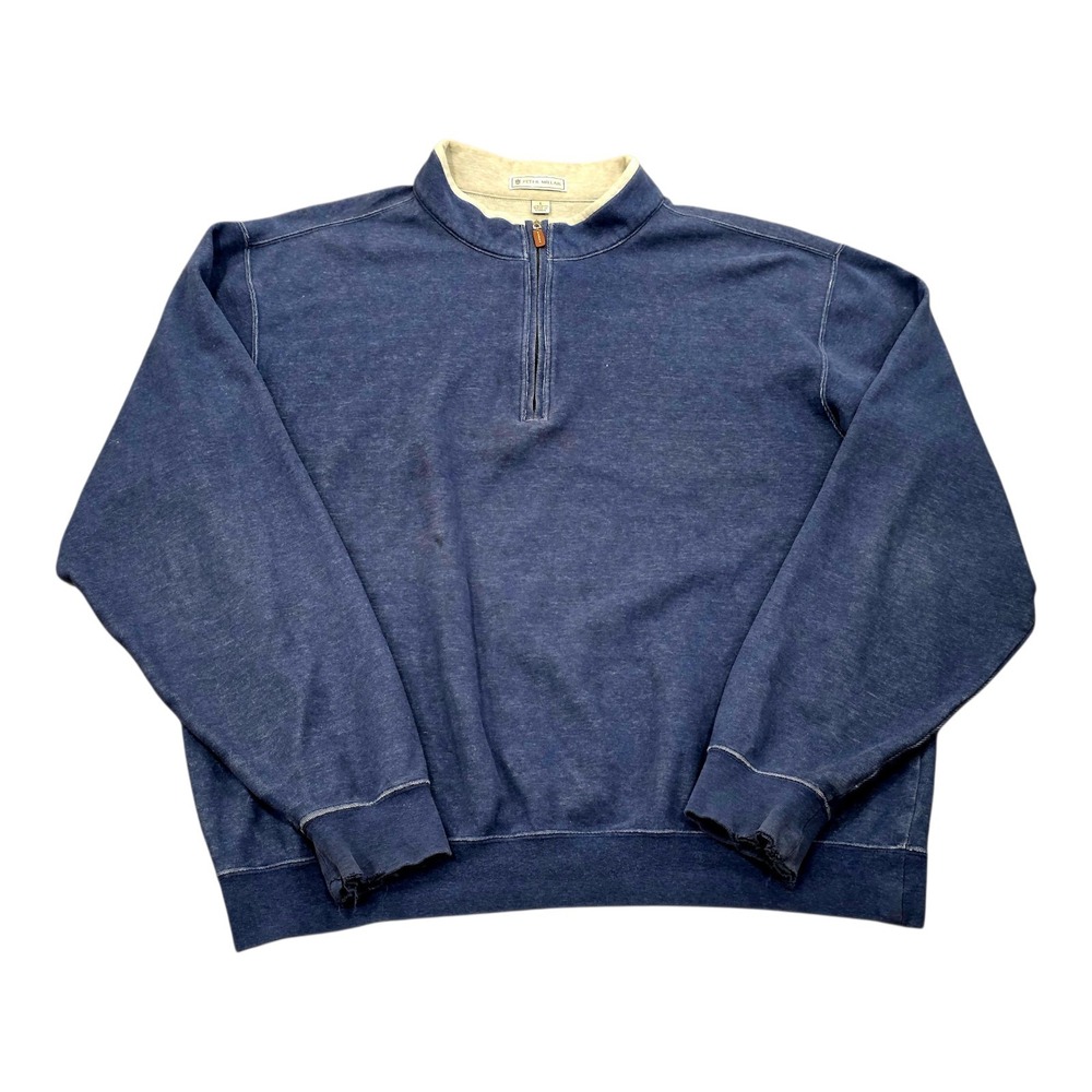 Peter Millar Mens Large 1/4 Zip Cotton Pullover Sweater Blue Golf Casual